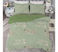 Fresh Green Leaves Coverless Duvet Single Reversible Kids Vintage florals Comeforter Set for All Season, Lightweight Machine Washable Green Single Quilt 135x200 with Pillowcase 50x75cm AL128