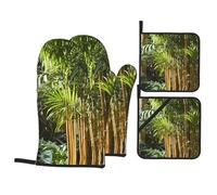 Fresh Green Plants Pattern Oven Mitts & Pot Holders 4-Piece Set - Baking Insulation Gloves, Kitchen Practical Tools