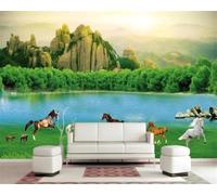 Fresh Green Prairie Alpine Woods Horse 3D Wallpaper Easy Install Feature Office Living Room Sofa Bedroom TV Background Wall Decoration-300cm×210cm