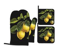 Fresh Lemon Baking Gloves Pot mats, Barbecue Party Cooking 500â„‰ high Temperature Resistant Oven Gloves Pot lid mats 4 Pieces Set,