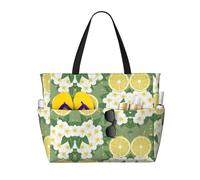 Fresh Lemon Print Large Waterproof Beach Tote Bag for Women with Zip and Pockets Foldable Handbag for Travel Pool Shopping Holiday Gym