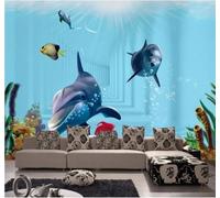 Fresh Minimalist Blue Underwater World Dolphins 3D Wallpaper Easy Install Feature Office Living Room Sofa Bedroom TV Background Wall Decoration-250cm×170cm