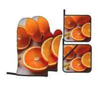 Fresh Orange Fruit Print Heat-Resistant Waterproof Oven Kitchen Gloves Microwaving Cooking 4-Piece Set