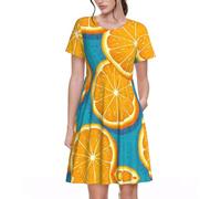 Fresh Orange Fruit Print Women's Short Sleeve Pleated Loose Swing Casual Dress