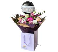 Fresh Pastel Flower Bouquet in Gift Bag Featuring Roses, Carnations, Gerbera, and Lisianthus - Floral Arrangement for Gifting, Birthdays Celebration, (Birthday Balloon)