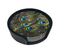 Fresh Peacock Coasters For Drinks, 6 Pcs Leather Coaster With Holder, Round Cup Mat Pad Set For Home Office Table Decoration