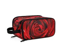 Fresh Red Rose Bud, The Petals of Red Roses with Water Women's Portable Makeup Bag with Handle, Cosmetic Bag, Travel Cosmetic Bag Durable Toiletry Storage Organizer 11 x 7 x 5.7 inch