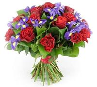 Fresh Red Roses & Blue Iris Bouquet - Hand-Tied Flowers Delivered for Birthday, Anniversary, Funeral or Funeral