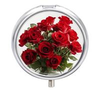 Fresh Red Roses Pill Box 3 Compartment Round Small Pill Box for Pocket Purse Metal Travel Pill Case Portable Daily Pill Organizer Cute Compact Medicine Organizer Mini Pill Container
