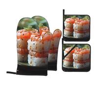 Fresh Salmon Sushi Printing Oven Mitts and Pot Holders Sets - Heat-Resistant, Waterproof, and Durable Kitchen Baking Four-Piece Set