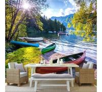 Fresh Serene Lakeside Boat Nature Landscape 3D Wallpaper Premium Textured Silk Study Dining Living Room Bedroom Sofa TV Wall Easy Install-250cm×170cm