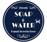 Fresh Soap and Water Sign - 12 x 12 Inches - Aluminum - Navy Blue Bathroom Decor - Vintage Bath Metal Wall Art Plaque Accessories