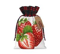 (Fresh Strawberry Print) Drawstring Gift Bags with Tag Plaid Candy Bags for Holiday Christmas Party Supplies S