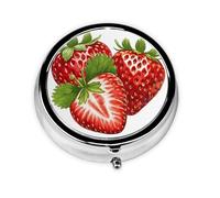 (Fresh Strawberry Print) Round Pill Box with 3 Compartments Small Portable Pill Organizer for Travel