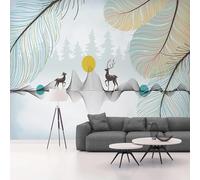 Fresh Sunrise Elk Forest Colourful Feathered Accent 3D Wallpaper Luxury Silk Study Dining Feature Sofa Grey Bedroom Living Room Tv Decorative Wall-300cm×210cm
