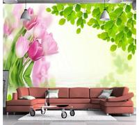 Fresh Three Dimensional Green Leaves Pink Tulips 3D Wallpaper Easy Install Feature Office Living Room Sofa Bedroom TV Background Wall Decoration-300cm×210cm