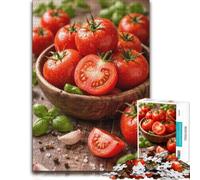Fresh Tomatoes And Basil in Bowl Wooden Picture Puzzle for Adults, 500 PCS
