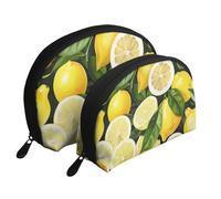 Fresh Tropical Lemons Print Shell-Shaped 2-Piece Makeup Bag Set Travel Cosmetic Organiser Stylish Storage for Beauty & Gifts for Women Girls