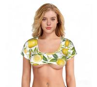 Fresh Tropical Lemons Women's Mini Crop Tee â€“ Ultra-Soft Stretchy Short Top with All-Over Print, Sexy Low-Cut U-Neck Sleeveless T-Shirt for Beach, Party, Yoga & Date Nights