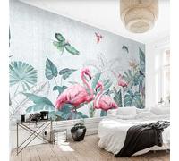 Fresh Tropical Plants Leaves Flamingos 3D Wallpaper Silky Texture Home Study Office Grey Dining Room Sofa Bedroom Living Room TV Backdrop-150cm×105cm