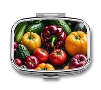 Fresh Vegetables Fruits Pill Box 2 Compartment - Small Metal Medicine Organizer Portable Pill Case for Purse Pocket Travel Vitamin Organizer for Men Women, BPA-Free