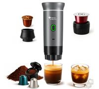 FRESH VITALITY 3-in-1 Portable Espresso Maker - Compact Coffee Machine for Travel | Compatible with Ground Coffee, Large & Small Capsules | Self-Heating, USB-C, Camping, Office & Home (Matte Silver)