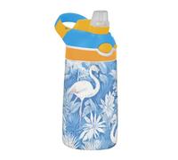 Fresh White Flamingo Flowers in Summer Water Bottle Kids with Silicone Straw Wide Mouth Leakproof 16oz Cup for Sport Gym Outdoor Travel School termos para agua
