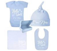 FreshCTees “Hello World, I’m New” All Blue Baby Gift Box - 100% Cotton Vest, Bib, Hat & Blanket - Handmade Newborn Gift Set