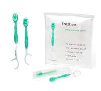 Freshee Bead -5 in 1 Disposable Mini Toothbrush with Toothpaste Bead + Floss + Pick + Tongue Scraper | Travel Size | Individually Wrapped | Soft | Extra Mint | Travel Set | Oral Care