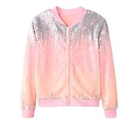 Freshhoodies Girls Sequin Jacket Pink Grey Gradient Kids Jackets Long Sleeve Zip-Up Jackets Tinsel Jacket Casual Baseball Jersey, 4-5 Years