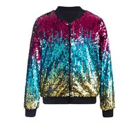 Freshhoodies Kids Sequin Jacket Girls Jackets Red Yellow Blue Gradient Long Sleeve Zip-Up Jackets Casual Baseball Jersey Tinsel Jacket, 10-11 Years
