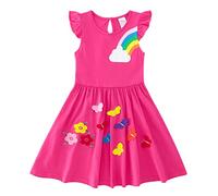 Freshhoodies Little Girls Dresses 4-5 Years Rainbow Dress Girl Cotton Rose Red Dress Kids Summer Casual A-line Dress with Butterfly Embroidery