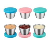 Freshmage [6 Pack 2.4oz] Stainless Steel Dressing Container with Silicone Lids, Reusable Leakproof Condiment Containers Small Sauce Cups Sets
