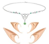 FRESHME 2 Pairs Fairy Elf Ears with Boho Moon Star Headpiece Set, M, Silicone, No Gemstone
