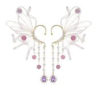 FRESHME Elf Ear Cuffs for Women - Fairy Ear Cuffs with Purple Glass Beads Tassel Butterfly Wings Non Pierced Elven Earrings for Adult Renaissance Dress Up Renfaire Mermaid Cosplay Makeup Accessories