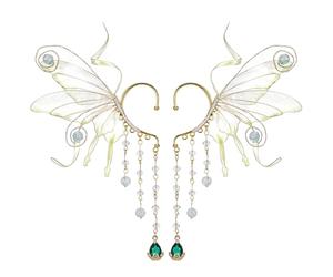FRESHME Fairy Elf Ear Cuffs - Butterfly Wings Elven Ear Cuffs with Glass Beads Tassel Non Pierced Mermaid Ears for Women, No Gemstone