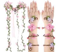FRESHME Flower Fairy Crown with Arm Wraps - 3 Pcs Elf Costume Pink Butterfly Elf Headpiece with Vine Tassel Renaissance Accessories Renfaire Woodland Elven Cosplay Photoshoot Fantasy Fairycore Outfit