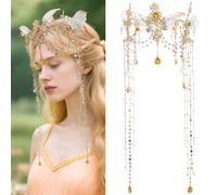 FRESHME Renaissance Fairy Elf Crown - Fairy Headband Elf Headwear with Tassel and Pearl Elven Tiara Halloween Costumes Dress Up Renfaire Christmas Hair Accessories for Adult