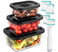 FreshSeal Premium 3-Piece Borosilicate Glass Vacuum Food Storage Set - 3 Sizes (470 ml, 800 ml, 1400 ml) + Hand Vacuum Pump & 10 Reusable Bags - Leakproof, Oven/Microwave/Freezer Safe, BPA-Free