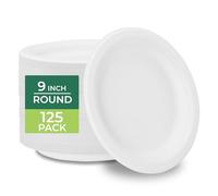 Freshware Paper Plates - Disposable 9" Plate, 125-Pack Biodegradable Sugarcane Fiber Dinner Plates - Heavy Duty Dinnerware for Hot Food - Microwave & Freezer Safe, Stackable Dinnerware