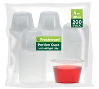 Freshware Plastic Portion Cups with Lids [4oz, 200 Sets] Disposable Plastic Cups for Meal Prep, Salad Dressing, Jellas Shot Glasses, Souffle Cups