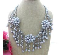 Freshwater Cultured Gray Rice Pearl Flower Statement Necklace Luxury style for women 18"