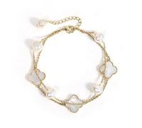 Freshwater Pearl Bracelet with four-leaf clover shell, 8-9mm Pearls, Alloy material, with an extended chain, Adjustable Length, White