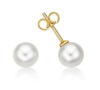 Freshwater Pearl Earrings with 8mm Real Lustrous Round White Freshwater Pearls set in Luxurious 9K Yellow Gold. These Gold Pearl Stud Earrings are a Lovely Gift for Women.
