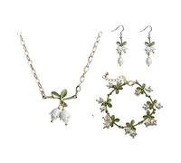 Freshwater Pearl Valley Lily Dangle Earrings Bracelet Necklace Jewelry Set Flower Drop Charm Enamel Green Leaves Fashion Jewelry Set for Women Gift, Zinc, No Gemstone