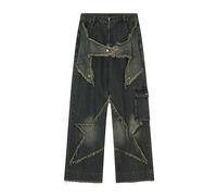 FRESQA American Retro High Waist Oversized Jeans Pants for Women Casual Baggy Y2K Wide Leg Grunge Streetwear Patchwork Denim Trouser Blue
