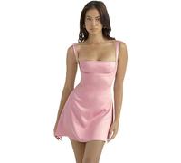 FRESQA Birthday Dress for Women A-Line Pink Dress Sexy Satin Holiday Party Dresses Mini Casual Spaghetti Strap Graduation Dress Stretch