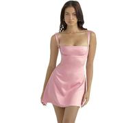 FRESQA Birthday Dress for Women A-Line Pink Dress Sexy Satin Holiday Party Dresses Mini Casual Spaghetti Strap Graduation Dress Stretch