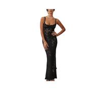 FRESQA Elegant Lace See Through Maxi Dress Women Summer Sexy Spaghetti Straps Bodycon Wedding Party Dresses Black Split Long Dress