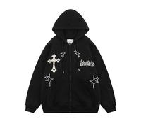 FRESQA Goth Embroidery Hoodies Men High Street Harajuku Retro Hip Hop Zip Up Hoodie Men Loose Casual Sweatshirt Hoodie Clothes Y2K Tops